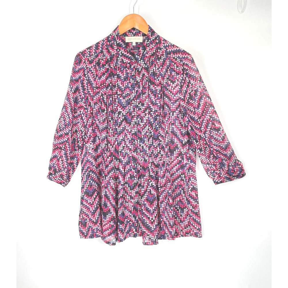 Jones New York Womens Tunic Large Blouse Pink Geometric Pintuck Top Stain Glass